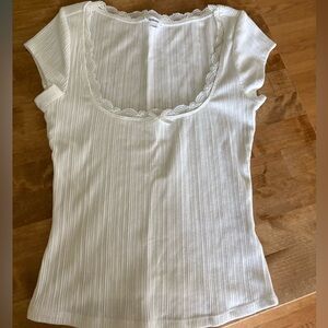 Garage White Ribbed Lace Trim Tee